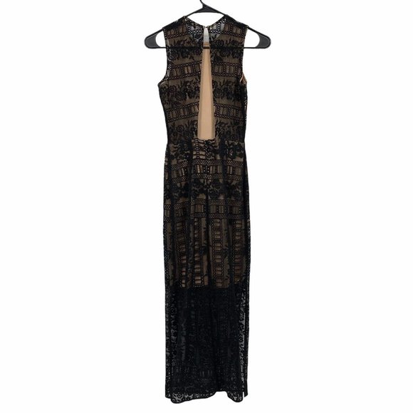 Miss Selfridge Dress Maxi Black Floral Lace Sleeveless Open Back Slits - Picture 9 of 13